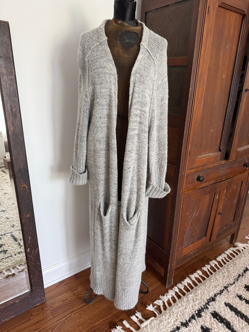 Free People Long Open-Front Cozy Cardigan in Mixed Grays